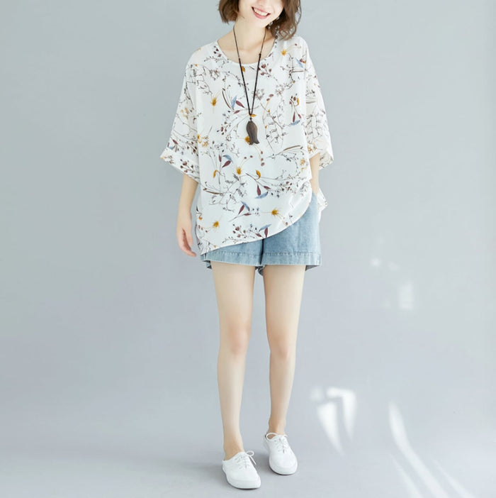 Floral Women's Oversized Blouse: white, light blue floral and bird motif, casual bohemian style