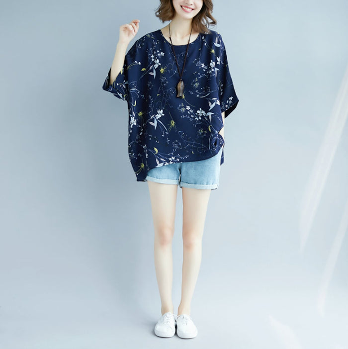 Floral Women's Oversized Blouse: white, light blue floral and bird motif, casual bohemian style