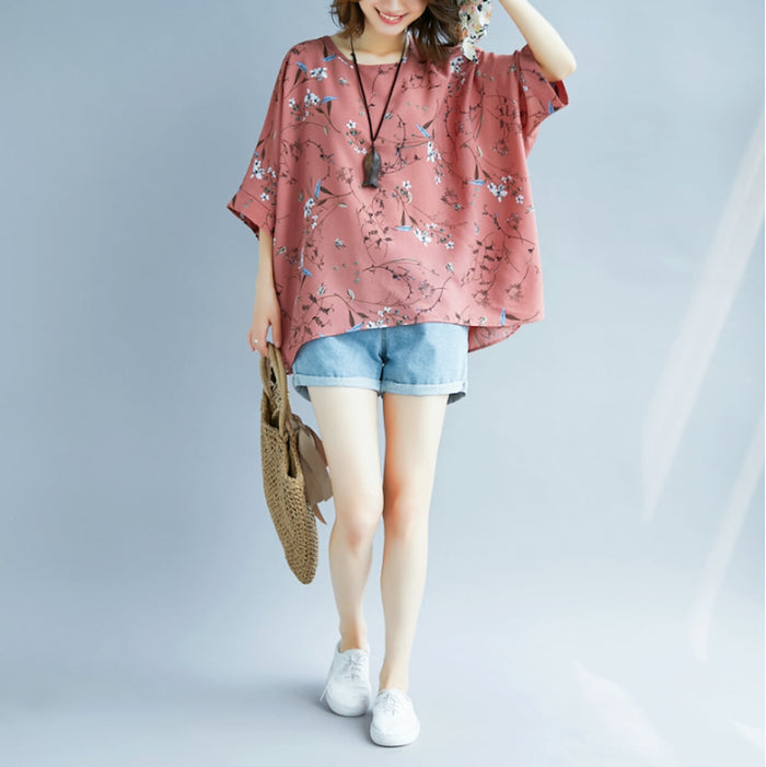 Floral Women's Oversized Blouse: white, light blue floral and bird motif, casual bohemian style