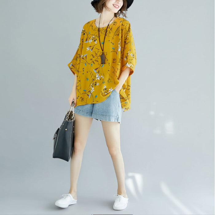 Floral Women's Oversized Blouse: white, light blue floral and bird motif, casual bohemian style