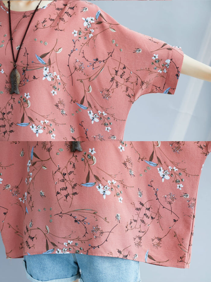 Floral Women's Oversized Blouse: white, light blue floral and bird motif, casual bohemian style