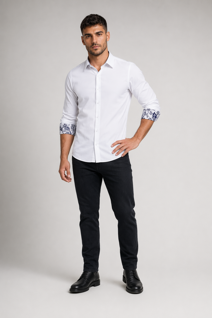 Flowery Inner Details Men's Button-Down Shirt White