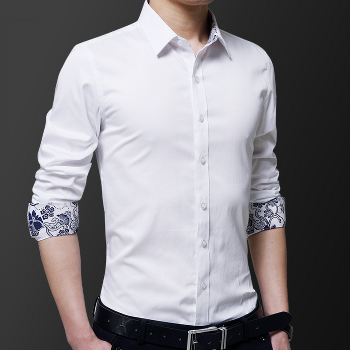Flowery Inner Details Men's Button-Down Shirt: white, dark blue button-up dress shirt, smart casual style