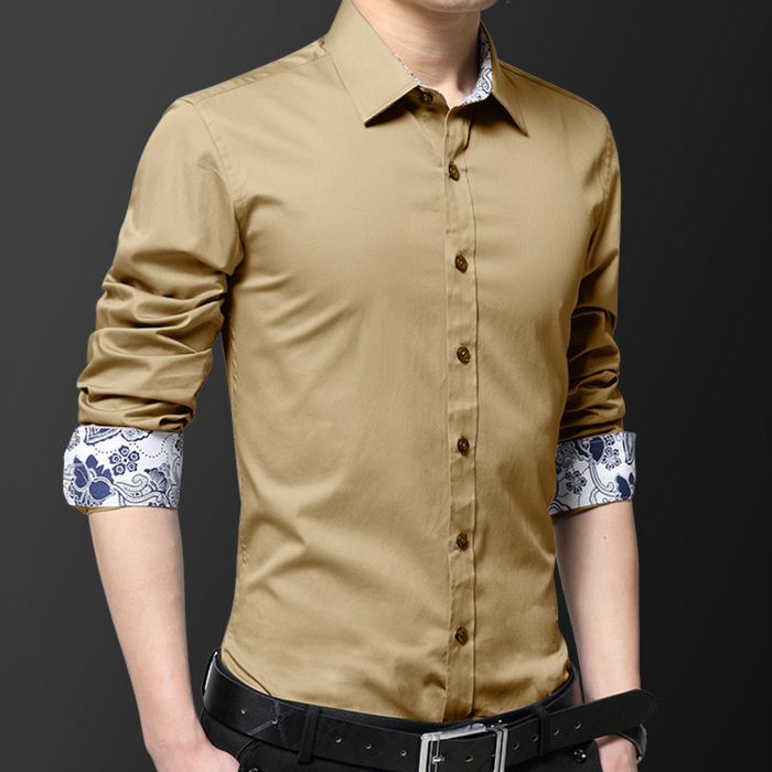 Flowery Inner Details Men's Button-Down Shirt: white, dark blue button-up dress shirt, smart casual style