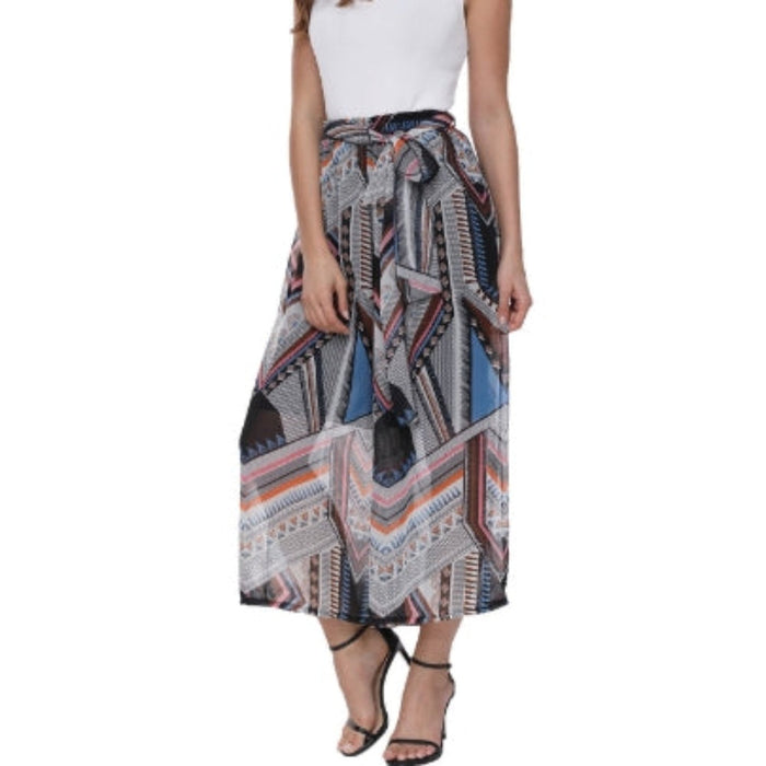Flowing Patterned Wide-Leg Trousers: gray, black wide-leg patterned pants, bohemian style