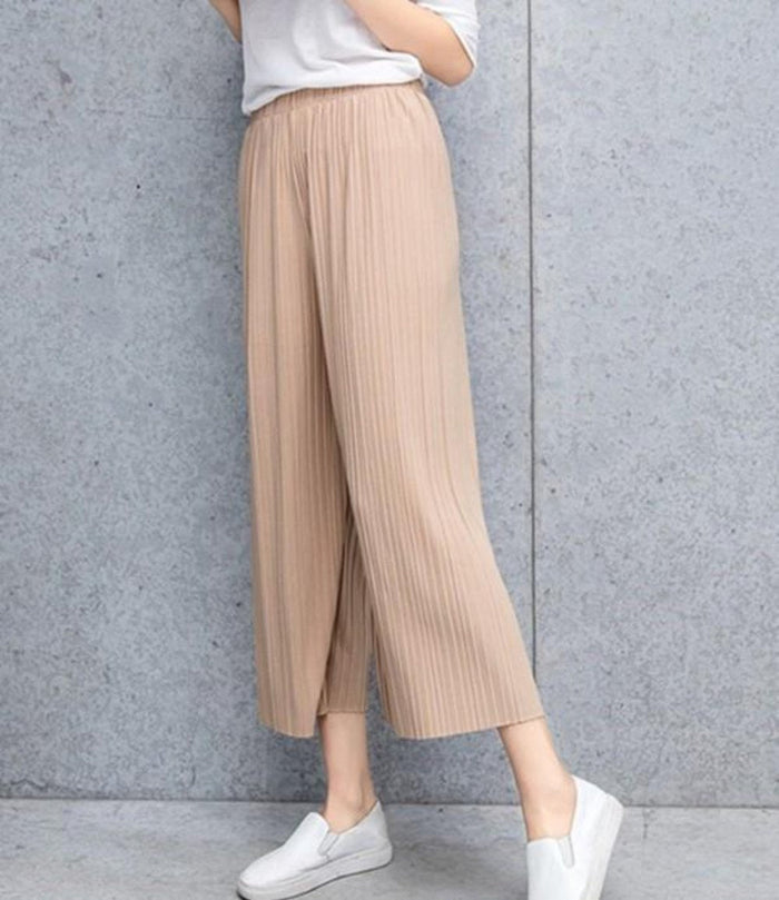 Flowy Chiffon Wide Leg Pants for Women: light beige, tan wide-leg cropped pants, minimal style