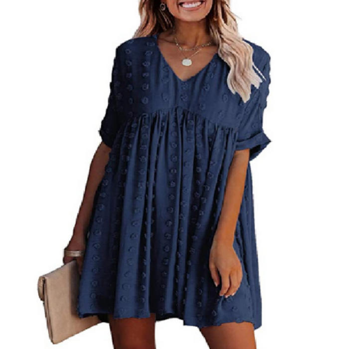 Flowy Short-Sleeved Dress for Women with a V-Neckline: navy blue dress, casual boho style