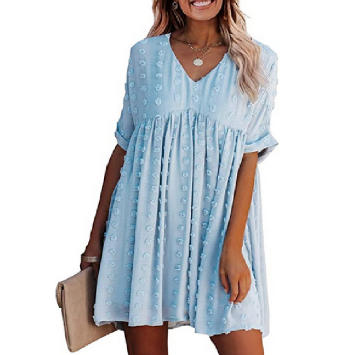 Flowy Short-Sleeved Dress for Women with a V-Neckline: navy blue dress, casual boho style