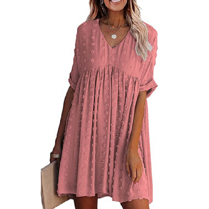Flowy Short-Sleeved Dress for Women with a V-Neckline: navy blue dress, casual boho style
