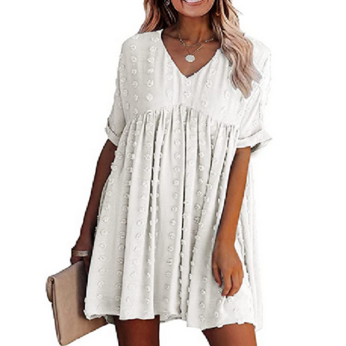 Flowy Short-Sleeved Dress for Women with a V-Neckline: navy blue dress, casual boho style