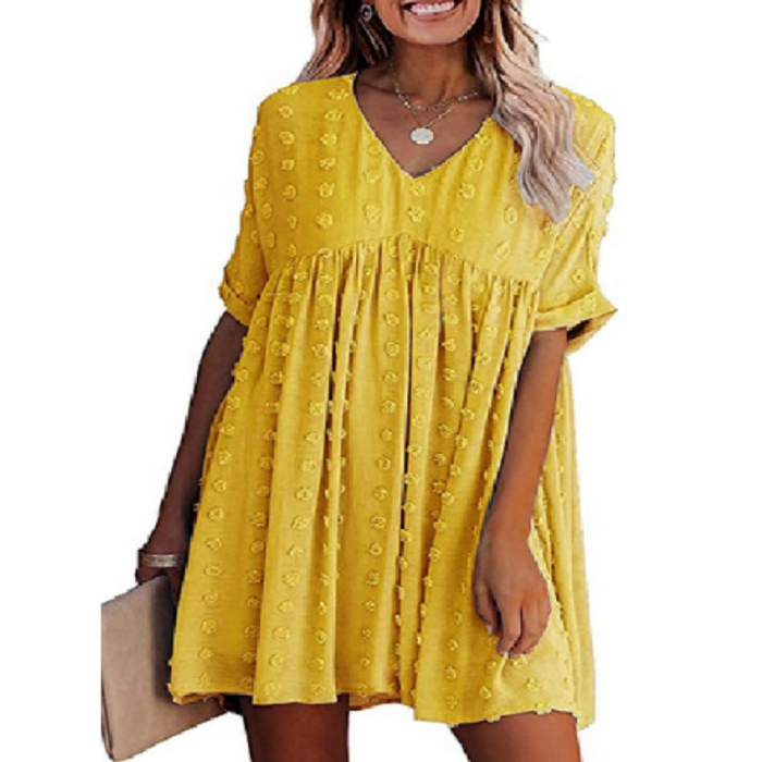 Flowy Short-Sleeved Dress for Women with a V-Neckline: navy blue dress, casual boho style