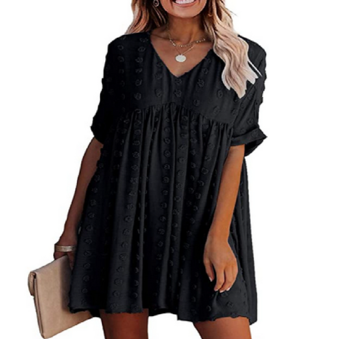 Flowy Short-Sleeved Dress for Women with a V-Neckline: navy blue dress, casual boho style