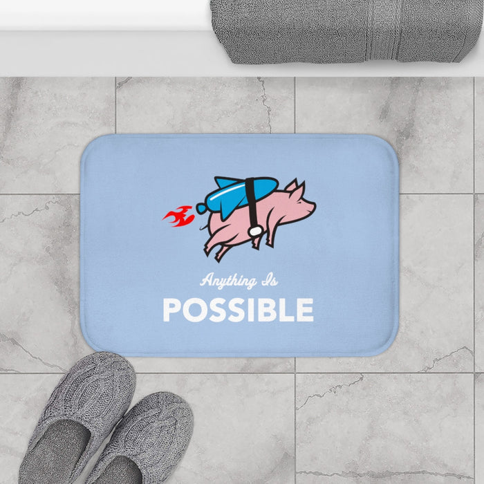 Flying Pig with Rocket Bath Mat, Unleash the Boundless Potential: light blue, pink flying pig with a rocket, cartoon style