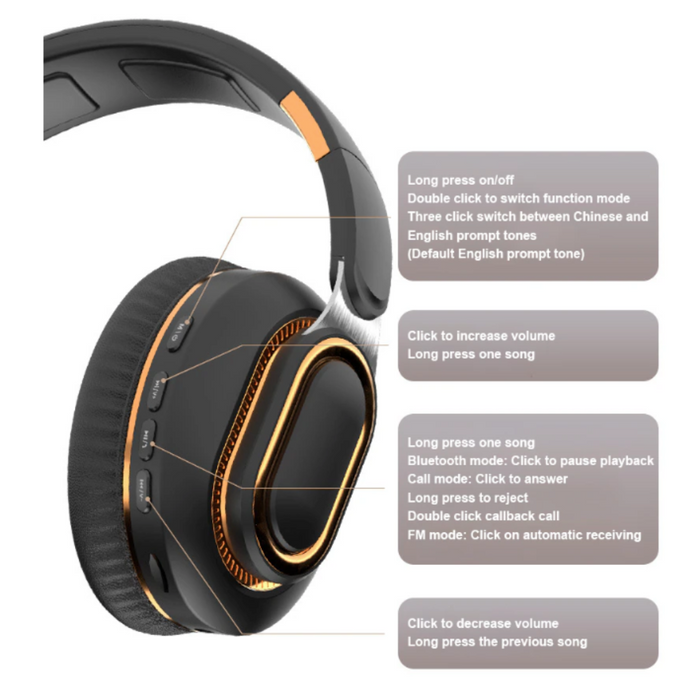 Foldable Bluetooth Headset with Dragon Design: black, orange over-ear headphones, modern style