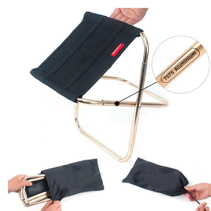 Foldable pocket chair: black, silver folding stool/chair, minimal portable outdoor style