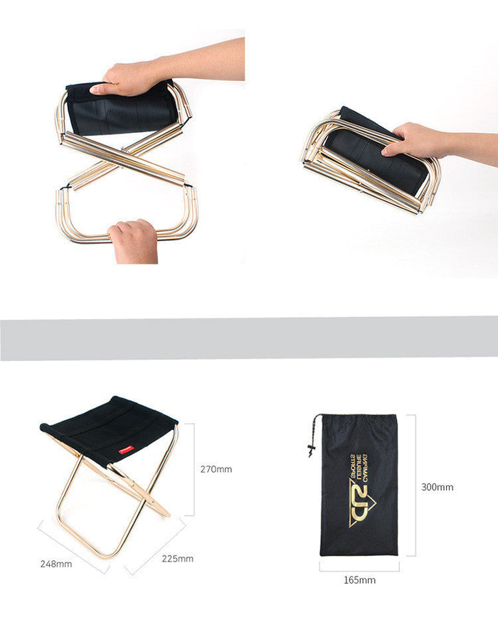 Foldable pocket chair: black, silver folding stool/chair, minimal portable outdoor style