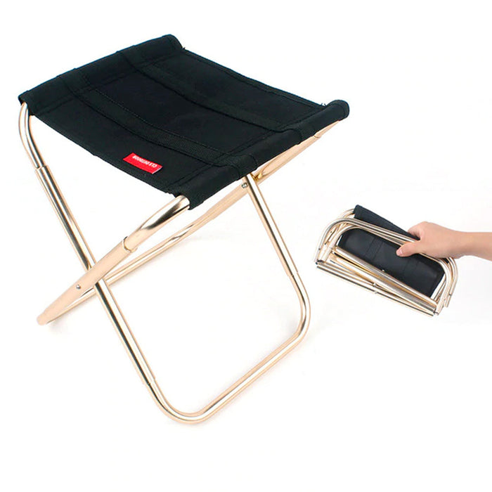 Foldable pocket chair: black, silver folding stool/chair, minimal portable outdoor style