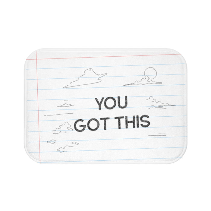 Font Bath Mat, Encouraging Message Pencil Design: white, light blue motivational text with clouds and sun, minimal cartoon st