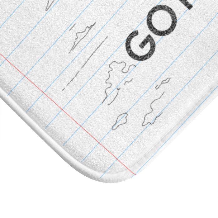 Font Bath Mat, Encouraging Message Pencil Design: white, light blue motivational text with clouds and sun, minimal cartoon st