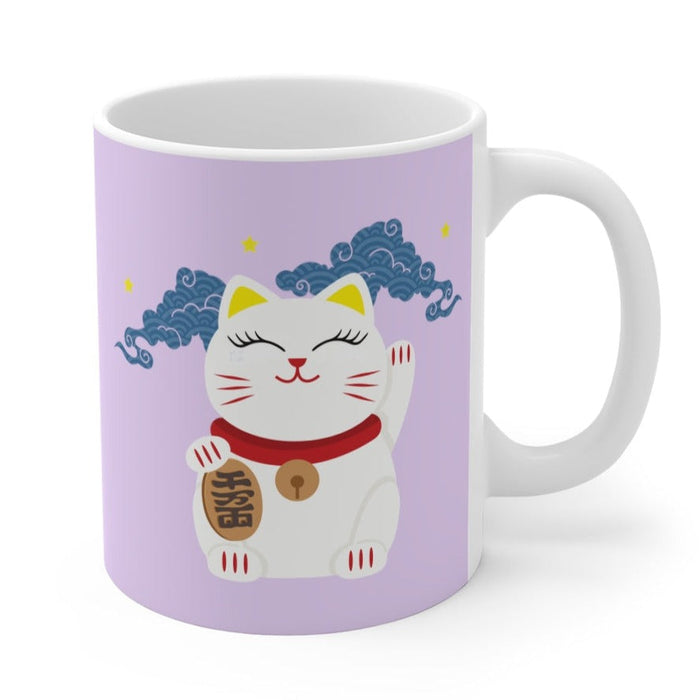 Fortunate Feline Cup: lavender, white maneki-neko (beckoning cat), kawaii cartoon style
