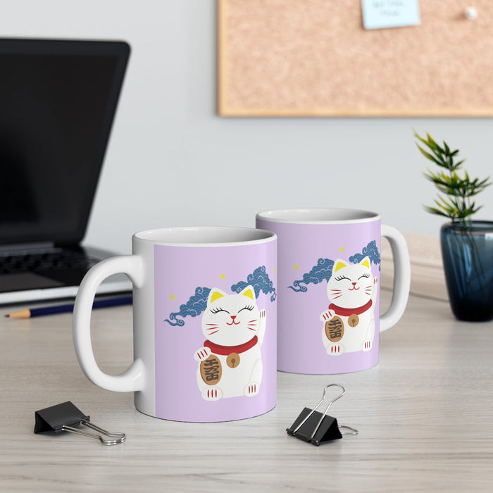 Fortunate Feline Cup: lavender, white maneki-neko (beckoning cat), kawaii cartoon style