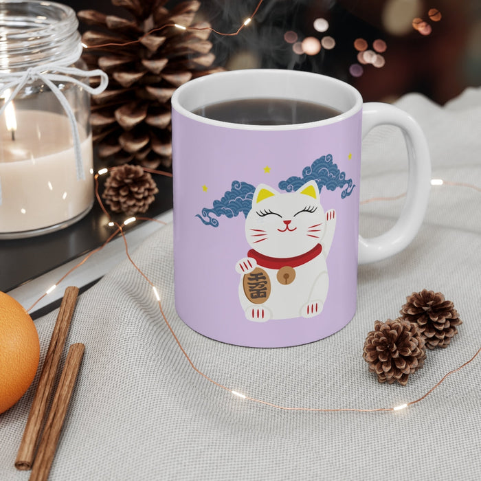 Fortunate Feline Cup: lavender, white maneki-neko (beckoning cat), kawaii cartoon style