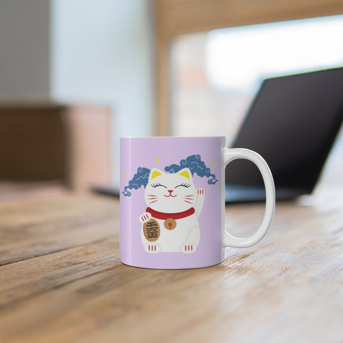 Fortunate Feline Cup: lavender, white maneki-neko (beckoning cat), kawaii cartoon style