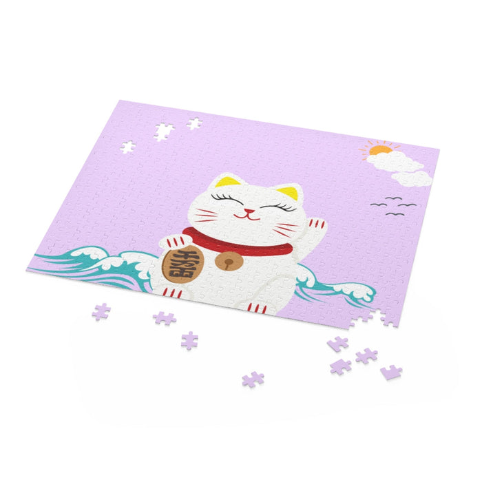 Fortunate Feline Puzzle, 500 Pieces: black, lavender maneki-neko lucky cat, cartoon kawaii style