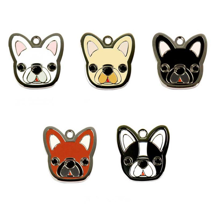 French Bulldog Dog ID Tags with Engraving: white, cream cartoon French bulldog dog faces, cartoon kawaii style