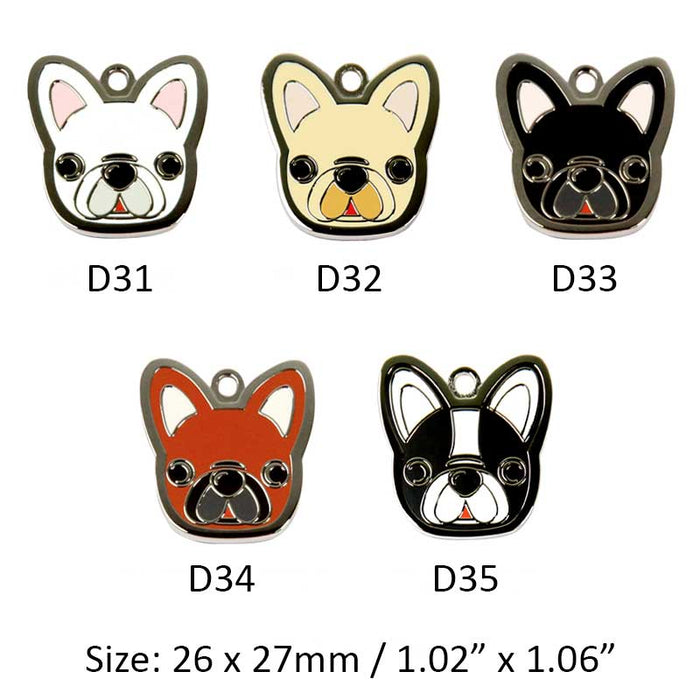 French Bulldog Dog ID Tags with Engraving: white, cream cartoon French bulldog dog faces, cartoon kawaii style