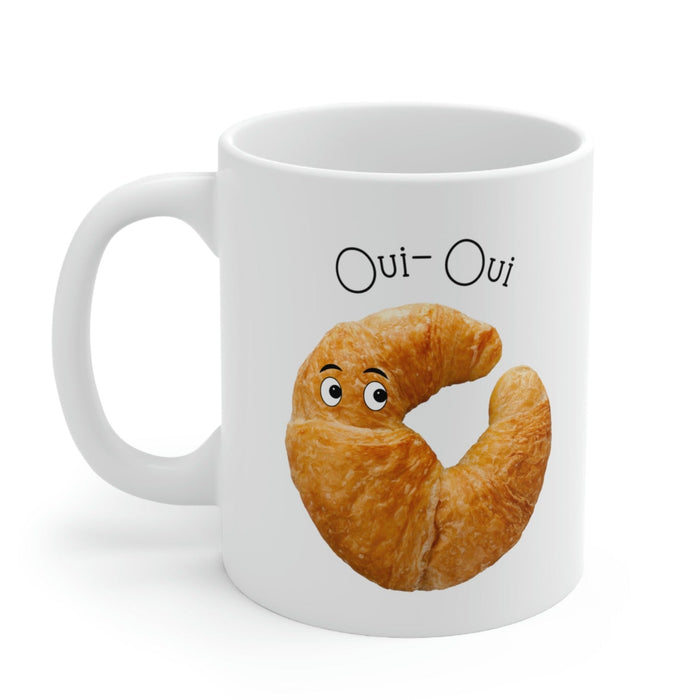 French Croissant Themed Novelty Mug: white, golden brown cartoon croissant