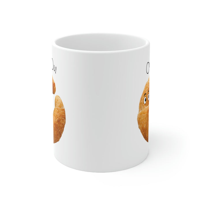 French Croissant Themed Novelty Mug: white, golden brown cartoon croissant