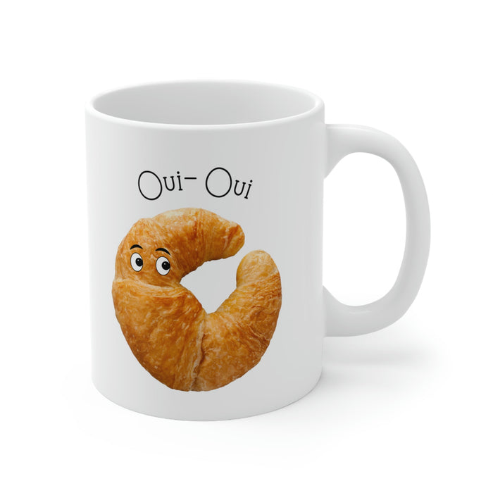 French Croissant Themed Novelty Mug: white, golden brown cartoon croissant