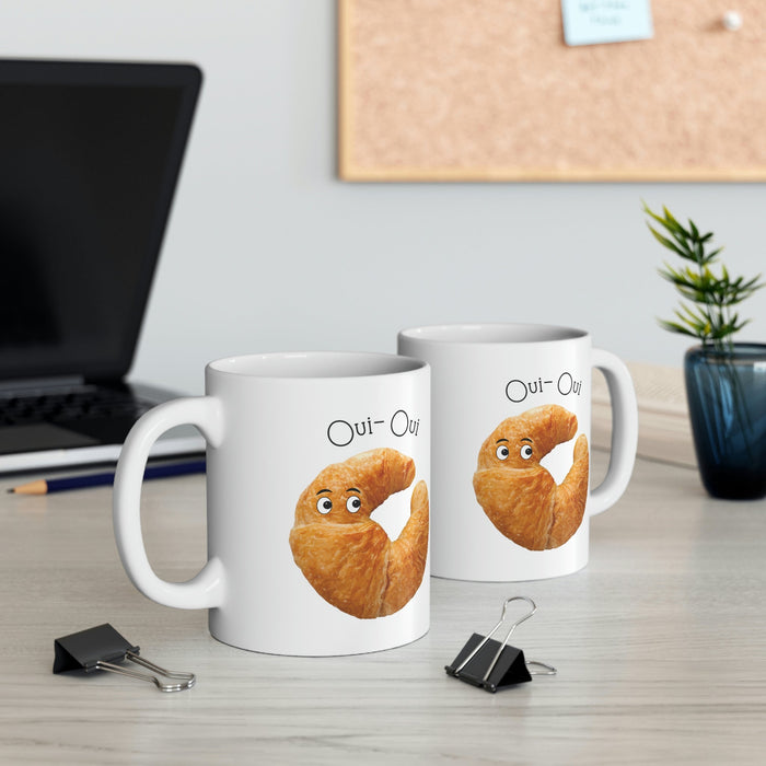 French Croissant Themed Novelty Mug: white, golden brown cartoon croissant