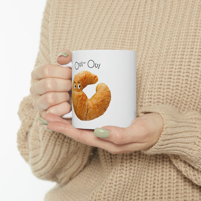 French Croissant Themed Novelty Mug: white, golden brown cartoon croissant
