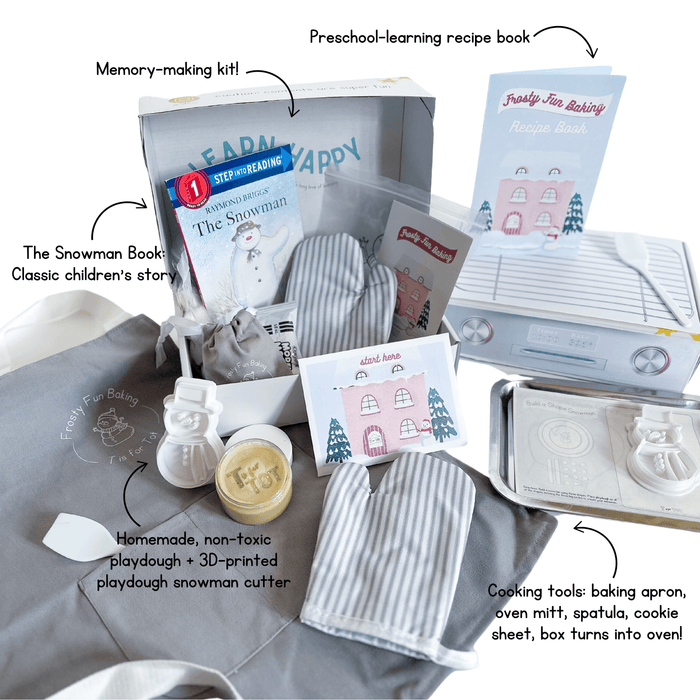 Children's baking tools: apron, oven mitt, spatula, cookie sheet, and parchment paper.