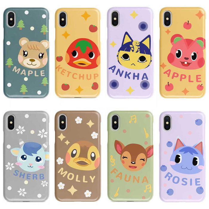 FujiGamer ACNH Phone Cases: teal, yellow cartoon animal characters with names Maple, Ketchup, Ankha, Apple, Sherb, Molly, Fau