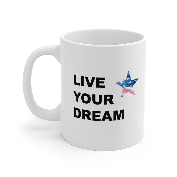 Fulfill Your Aspiration Patriotic Cup: white, black origami bird, minimal motivational graphic style