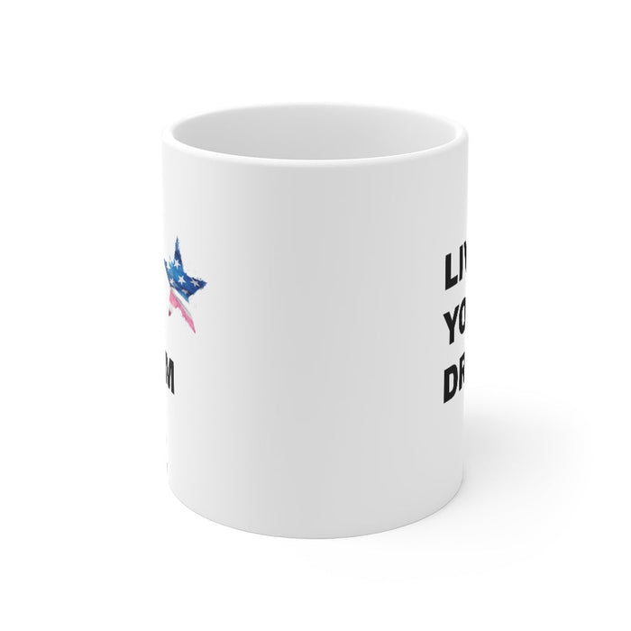 Fulfill Your Aspiration Patriotic Cup: white, black origami bird, minimal motivational graphic style