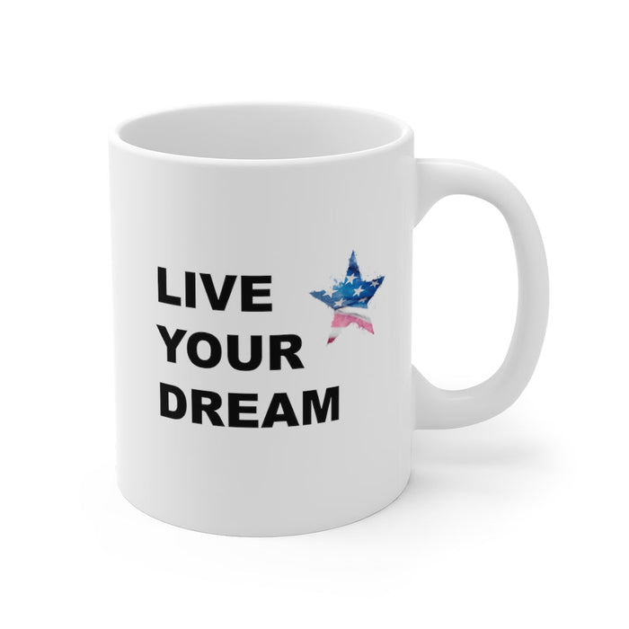 Fulfill Your Aspiration Patriotic Cup: white, black origami bird, minimal motivational graphic style