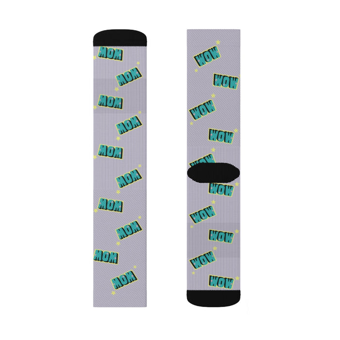 Fun and Whimsical Novelty Socks: light gray, teal comic-style "WOW" text theme, cartoon graphic style