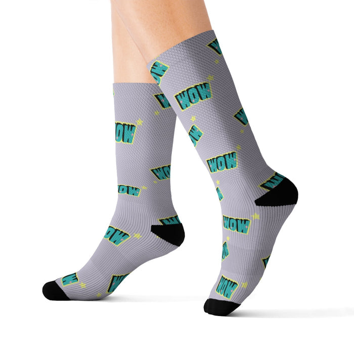 Fun and Whimsical Novelty Socks: light gray, teal comic-style "WOW" text theme, cartoon graphic style