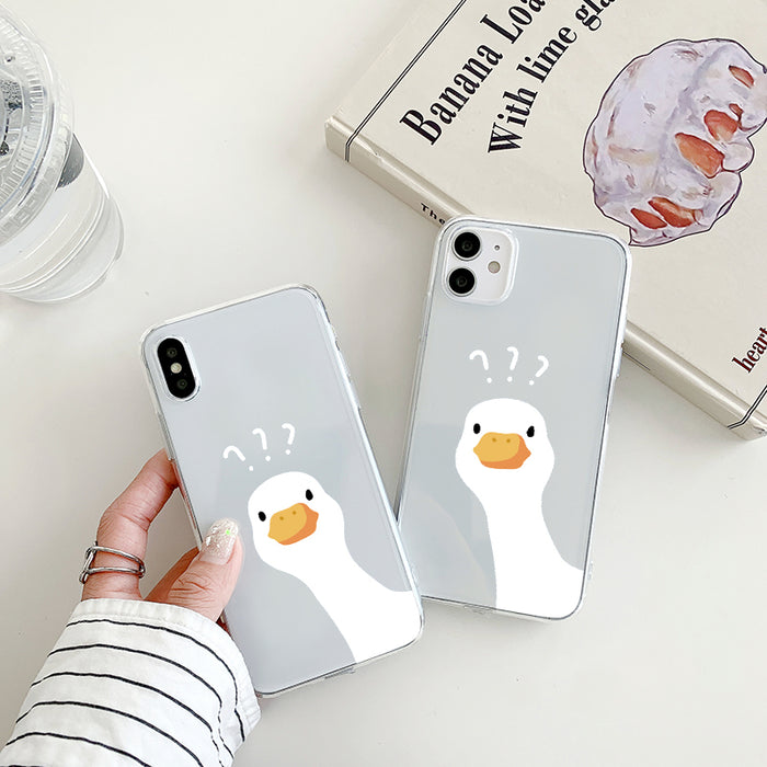 Funny Duck Phone Case with Protection: clear, white cartoon duck/goose, minimal cartoon kawaii style