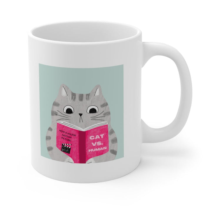 Funny Mug: Cat Versus Human Laughs: white, gray cartoon gray cat