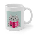 Funny Mug: Cat Versus Human Laughs: white, gray cartoon gray cat