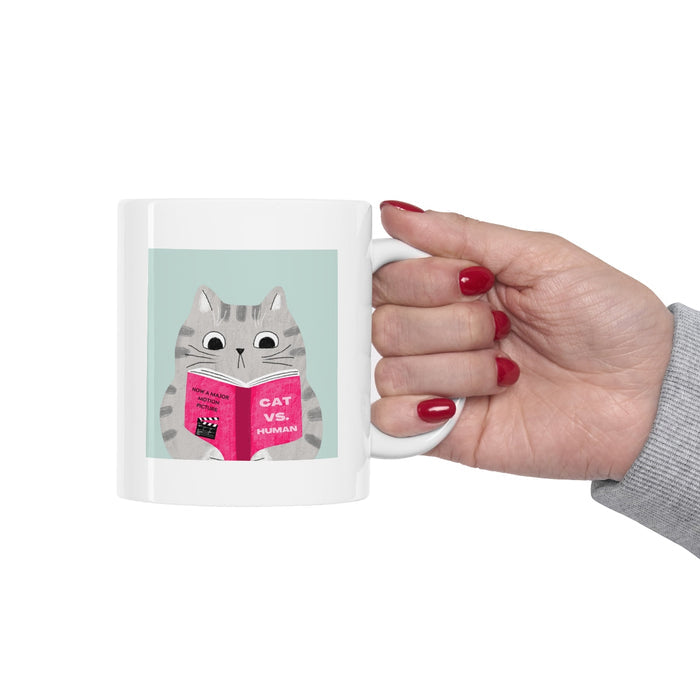 Funny Mug: Cat Versus Human Laughs: white, gray cartoon gray cat