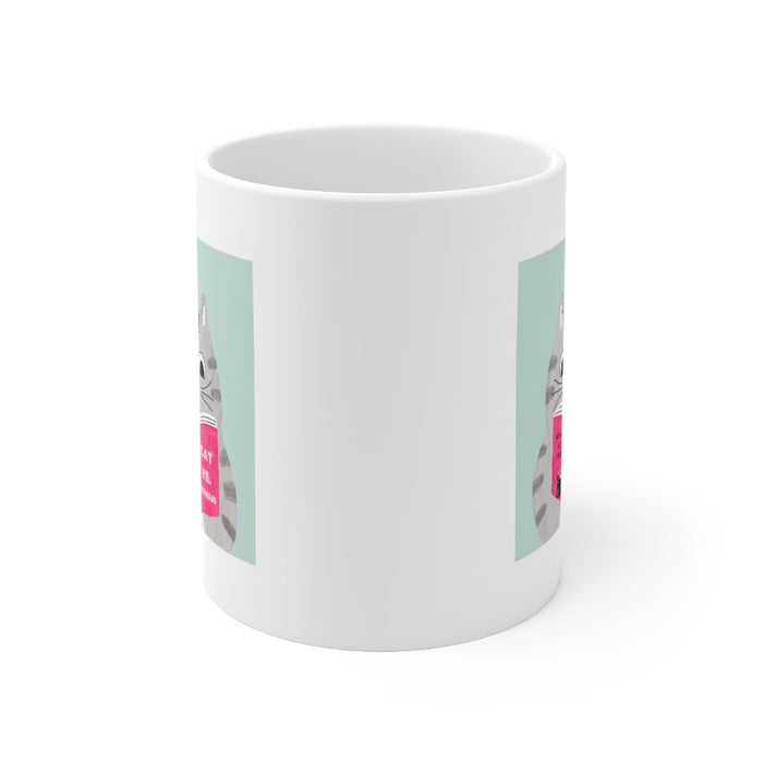 Funny Mug: Cat Versus Human Laughs: white, gray cartoon gray cat