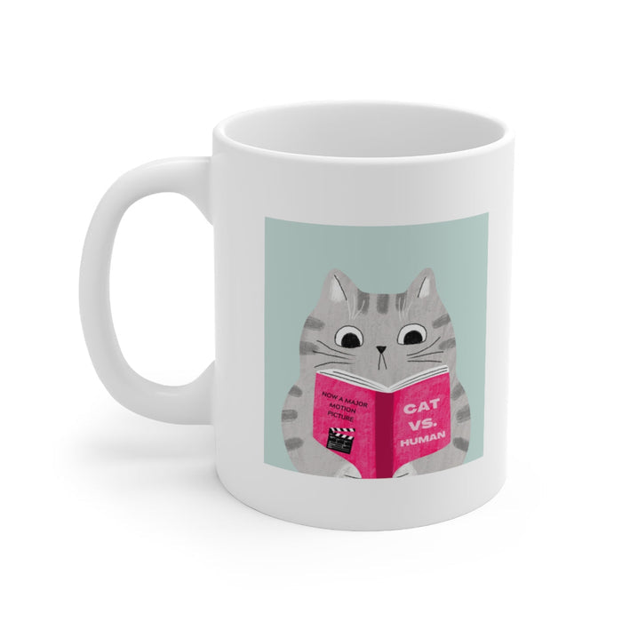 Funny Mug: Cat Versus Human Laughs: white, gray cartoon gray cat