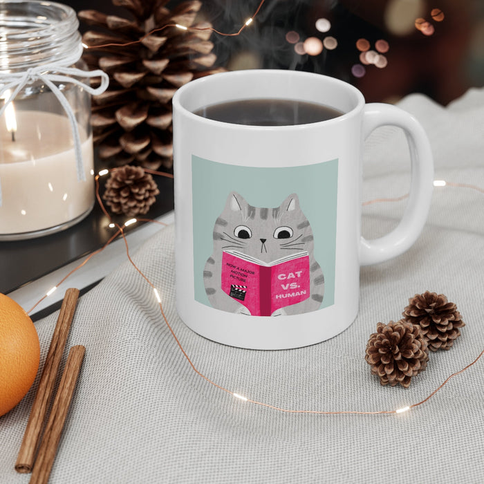 Funny Mug: Cat Versus Human Laughs: white, gray cartoon gray cat