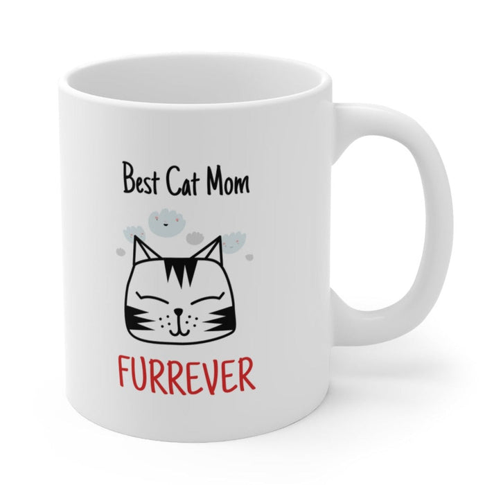 Furrever Mug for the Ultimate Cat Mom: white, black cat mom theme, cartoon, minimal style